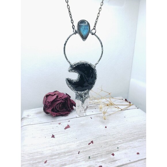 Labadorite and Obsidian Crystal Moon and kunzite crystal statement necklace - Picture 7 of 12